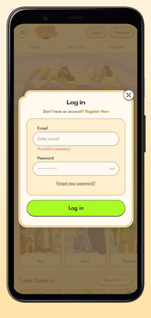 mobile login at vinyl casino